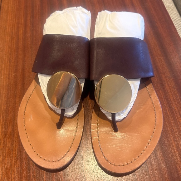 TORY BURCH Pre Owned Patos Leather Gold Disk Sandals Thongs 9 - Picture 2 of 6